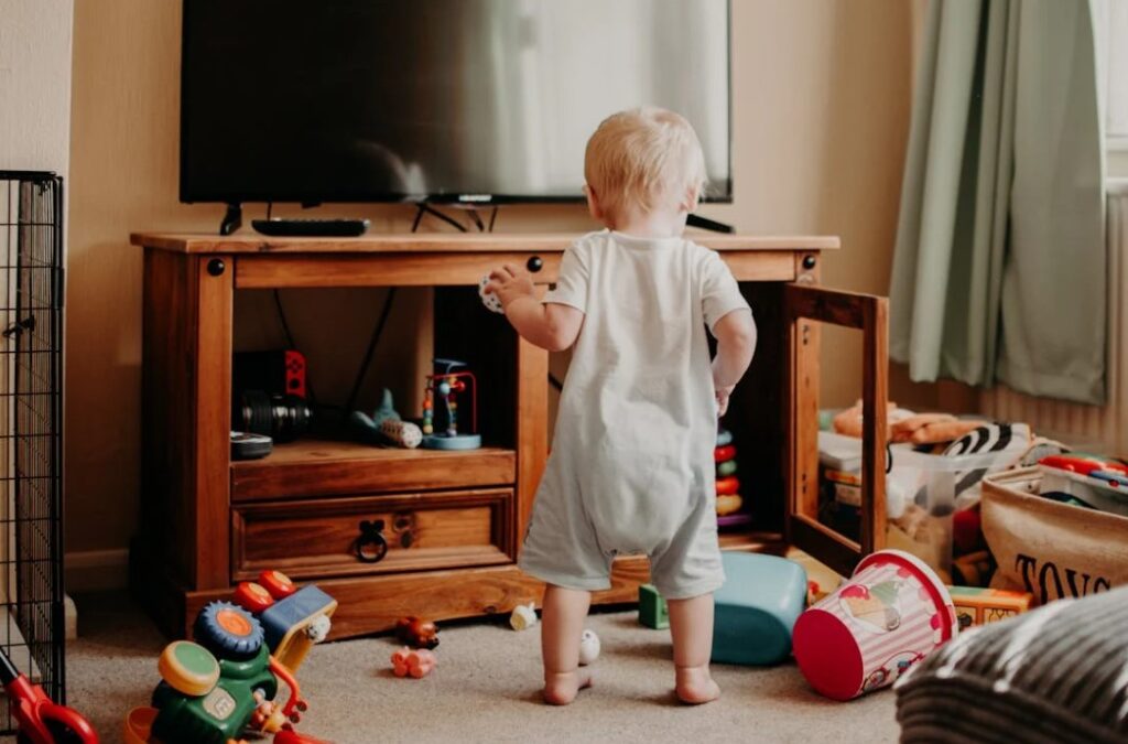 Messy room with baby